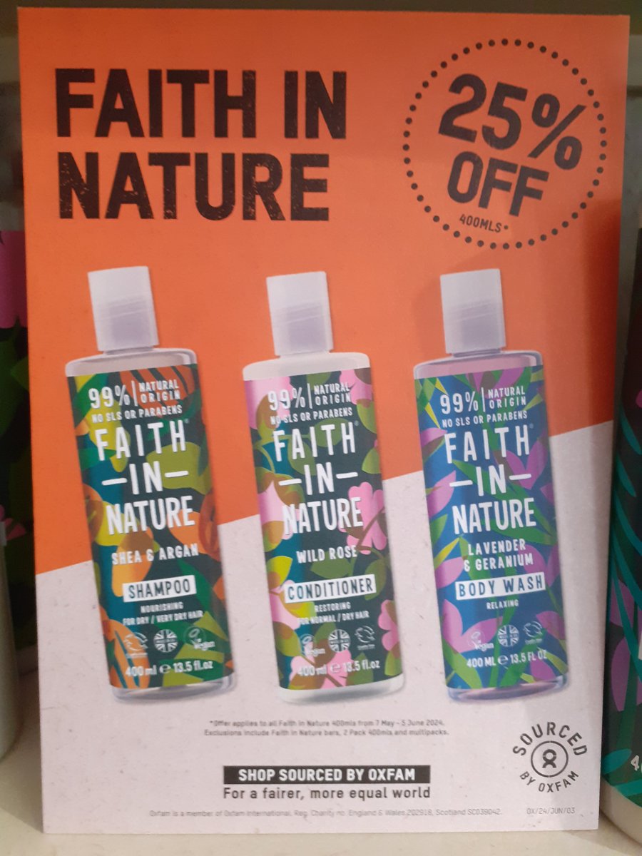 There's still time to take advantage of our Faith in Nature promo!
25% off 400ml bottles of shampoo, conditioner & body wash until the 3rd June 2024.
Time to stock up or try something new!
#GetCleanGoGreen #FoundinOxfam