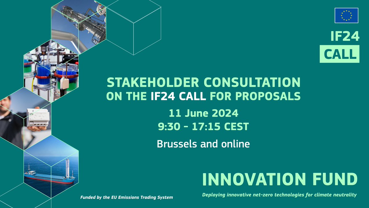 💡Help define the future of the #InnovationFund 🇪🇺 Participate in the stakeholder consultation discussing the design for the upcoming #IF24Call for Proposals 📆11 June 2024 📌 Brussels & online 🎟️europa.eu/!bwkFkV Registrations close on 5 June