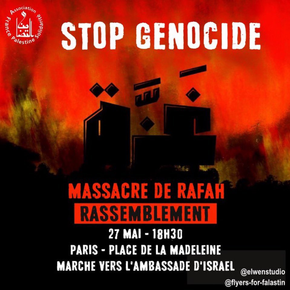 Rassemblement place de la Madeleine à 18h30 puis marche vers l’ambassade d’Israël.