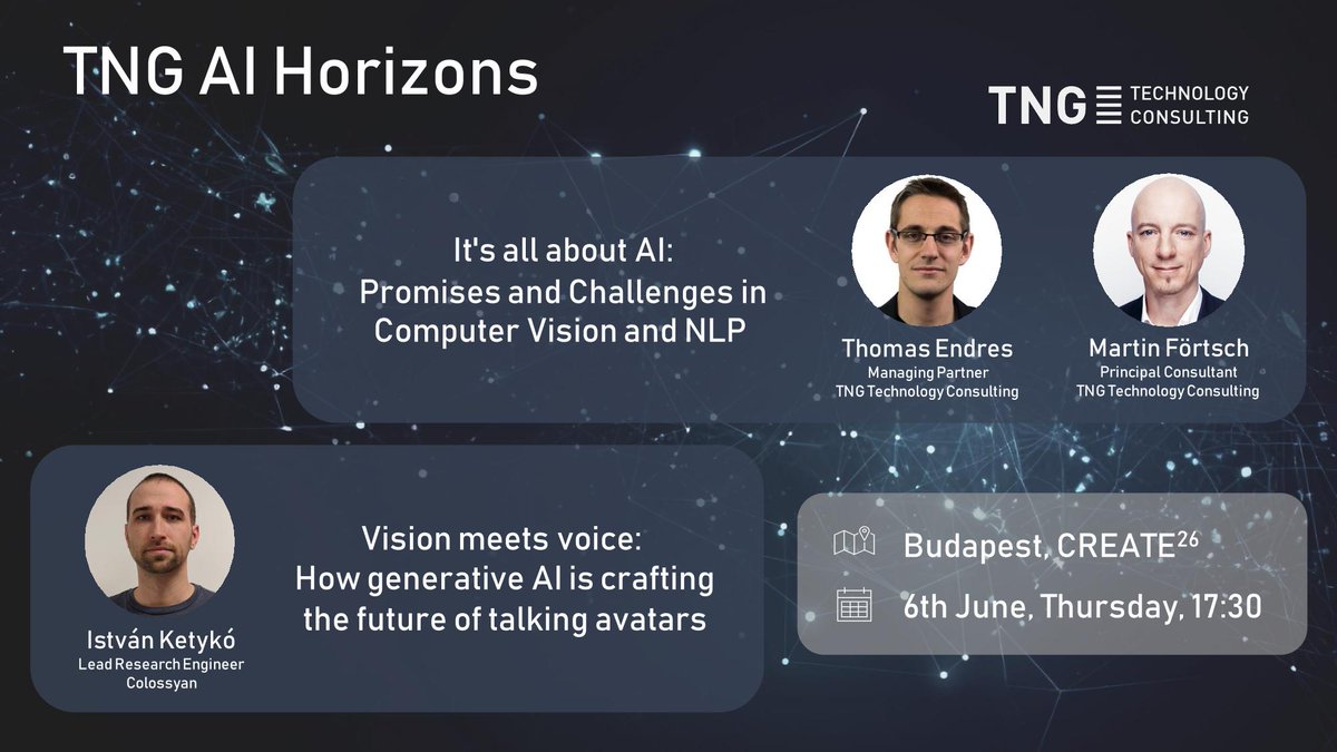 Announcing the first TNG AI Horizons Meetup in our office in Budapest on June 6th: Featuring talks of our guest speaker István Ketykó from <a href="/colossyan/">Colossyan</a> and our TNG Innovating Hacking team, we will take a deep dive  into the world of AI. Join us for free: meetup.com/tng-ai-horizon…