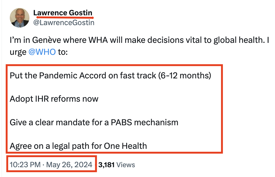 🚨WHO's Gostin last night: we need to advance the treaty, IHR, PABS & One Health! Gostin is the director of the WHO Center on Global Health Law, supporting WHO in drafting and negotiating the pandemic treaty, and is a member of the WHO International Review Committee on the