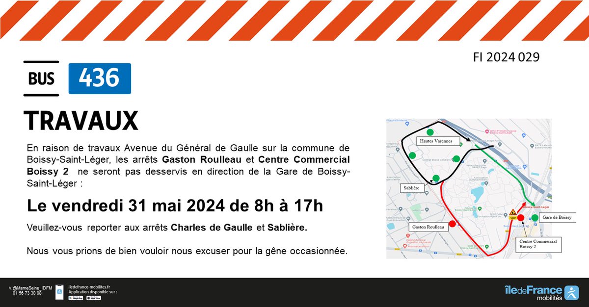 🚧🚍 #InfoTrafic #Travaux #Ligne436
🗓️ Vendredi 31 mai de 8h à 17h
Travaux Avenue du Général de Gaulle <a href="/Ville_Boissy/">Ville de Boissy-Saint-Léger</a>
❌ Arrêts Gaston Roulleau et Centre Commercial Boissy 2 en direction de la Gare de Boissy non desservis
✅ Reportés Charles de Gaulle et Sablière