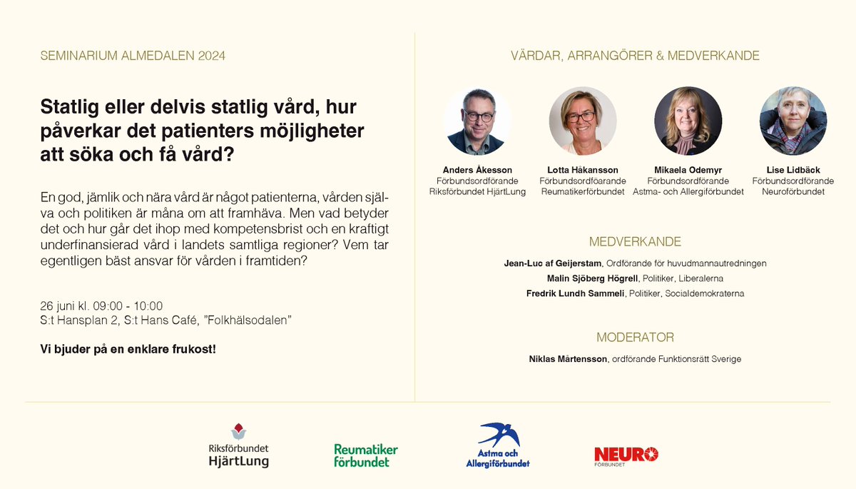 Vi kommer till #Almedalen!
Statlig eller delvis statlig vård, hur påverkar det patienters möjligheter att söka och få vård?
Tillsammans med <a href="/reumatiker/">Greiderentusiast</a> , <a href="/AochAF/">Astmaallergiförbund</a> och <a href="/neurosweden/">Neuroförbundet</a> arrangerar vi ett seminarium på detta ämne.
Läs mer här: almedalsveckan.info/program/69656