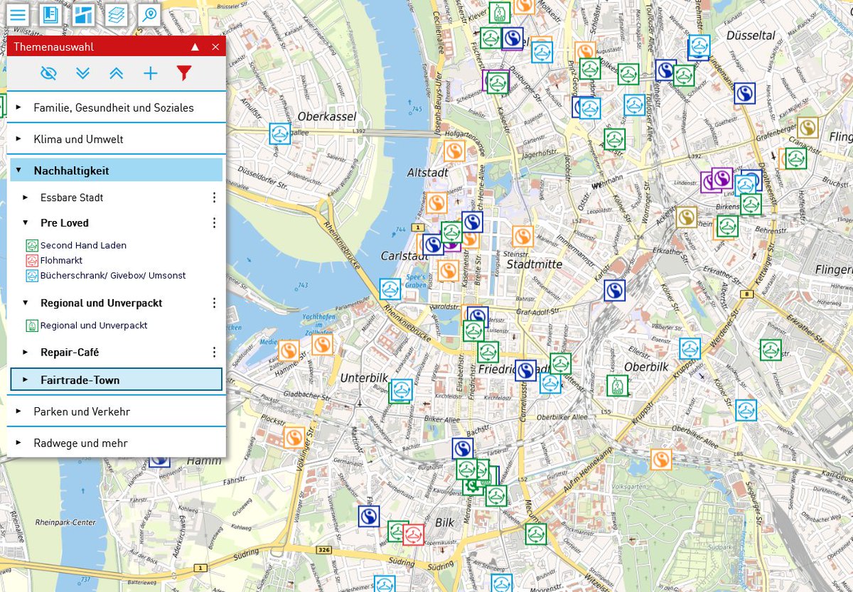 Wo finde ich in #Düsseldorf Repair-Cafés oder Fairtrade-Produkte? 🤔 Das zeigt euch die „Karte der #Nachhaltigkeit“: sohub.io/yucj Hier findet ihr einen Überblick über nachhaltige Orte – z.B. Second-Hand Läden, Flohmärkte oder offene Bücherschränke. 👚📖♻️