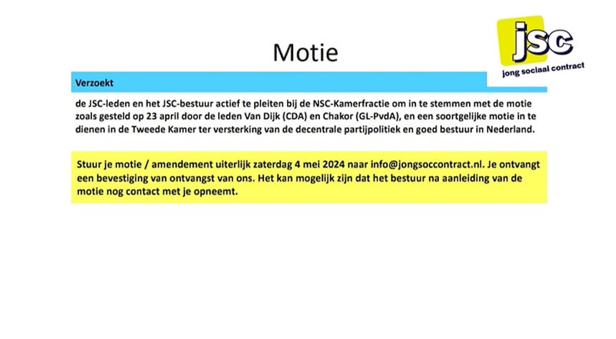 De NSC-fractie stemde tegen een motie voor snelle invoering van een subsidieregeling voor lokale partijen. De leden van Jong Sociaal Contract riepen de Tweede Kamerfractie op om dat standpunt aan te passen en subsidies voor lokale partijen per 1 jan 2025 mogelijk te maken.