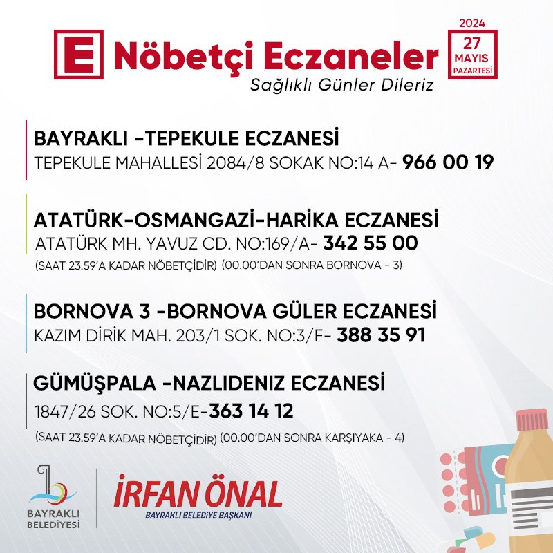 İhtiyacınız olmaması dileğiyle. Sağlıklı günler diliyoruz. #Bayraklı #NöbetçiEczane