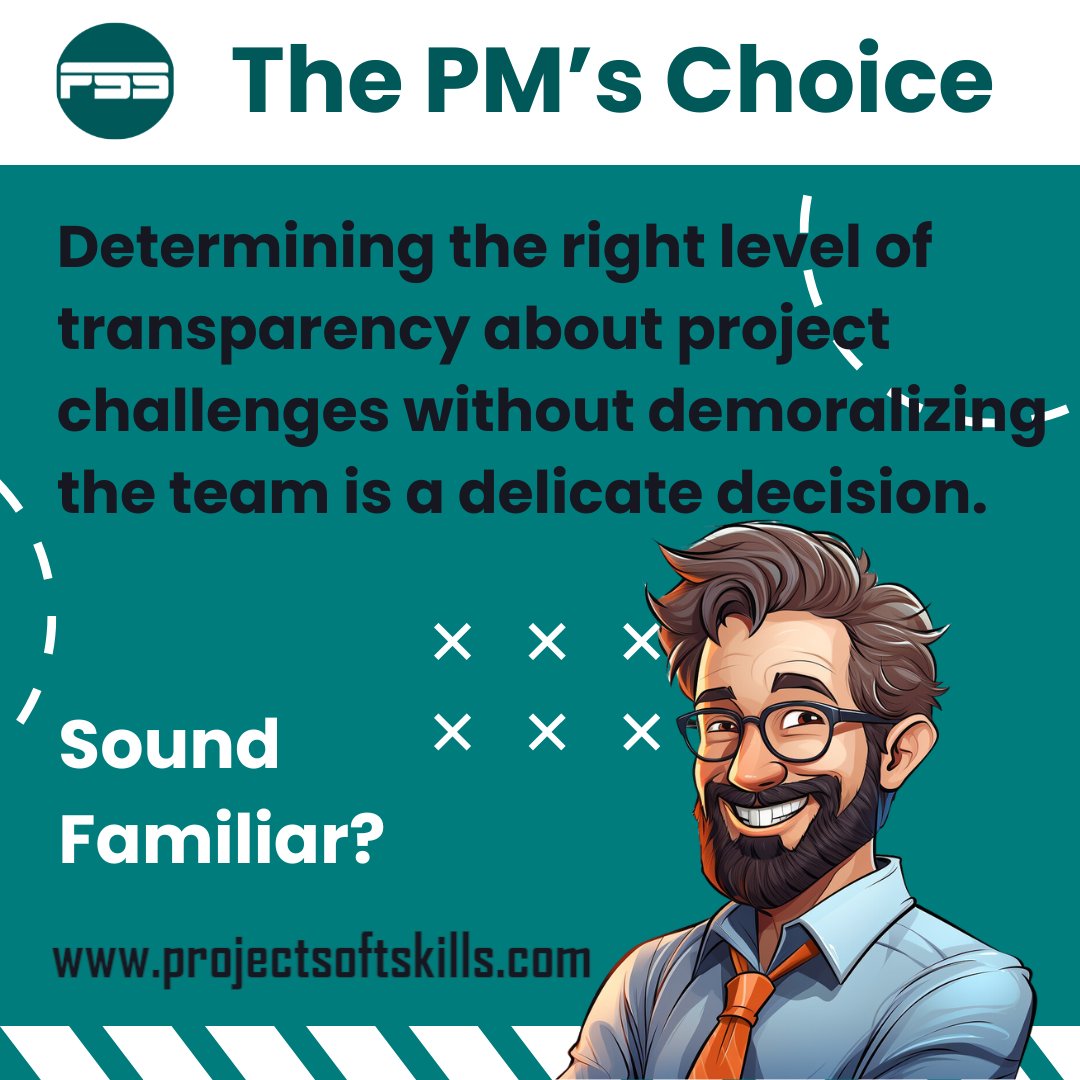 The PM's Choice: Striking the Right Balance

Sharing project challenges without demoralizing your team is tough. Finding the right transparency level can be tricky. Sound familiar?

#ProjectManagement #PMDilemmas #ThePMsChoice #Transparency #SoftSkills #projectsoftskills