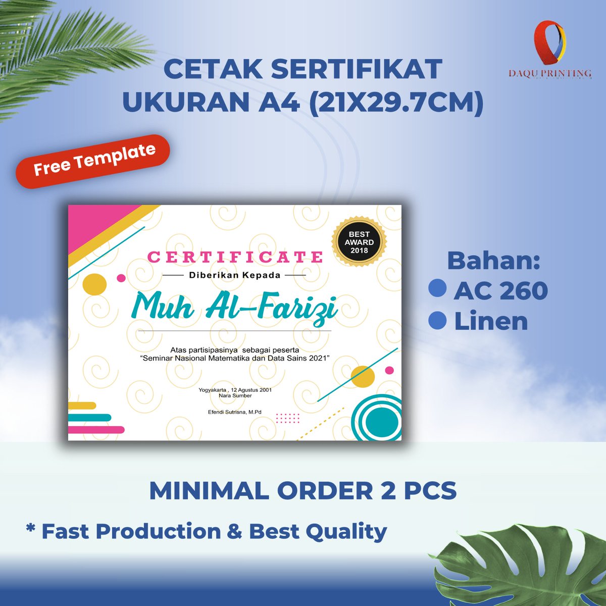 daquprinting's tweet photo. Kami menyediakan jasa cetak sertifikat berkualitas tinggi yang dapat digunakan untuk berbagai keperluan seperti seminar, workshop, penghargaan, dan lain-lain.

PESAN SEKARANG : 
https://t.co/yOdLd5nQmR https://t.co/tZKXfyauw0