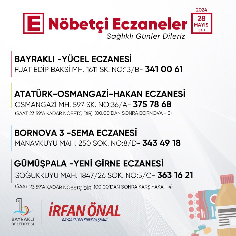 İhtiyacınız olmaması dileğiyle. Sağlıklı günler diliyoruz. #Bayraklı #NöbetçiEczane