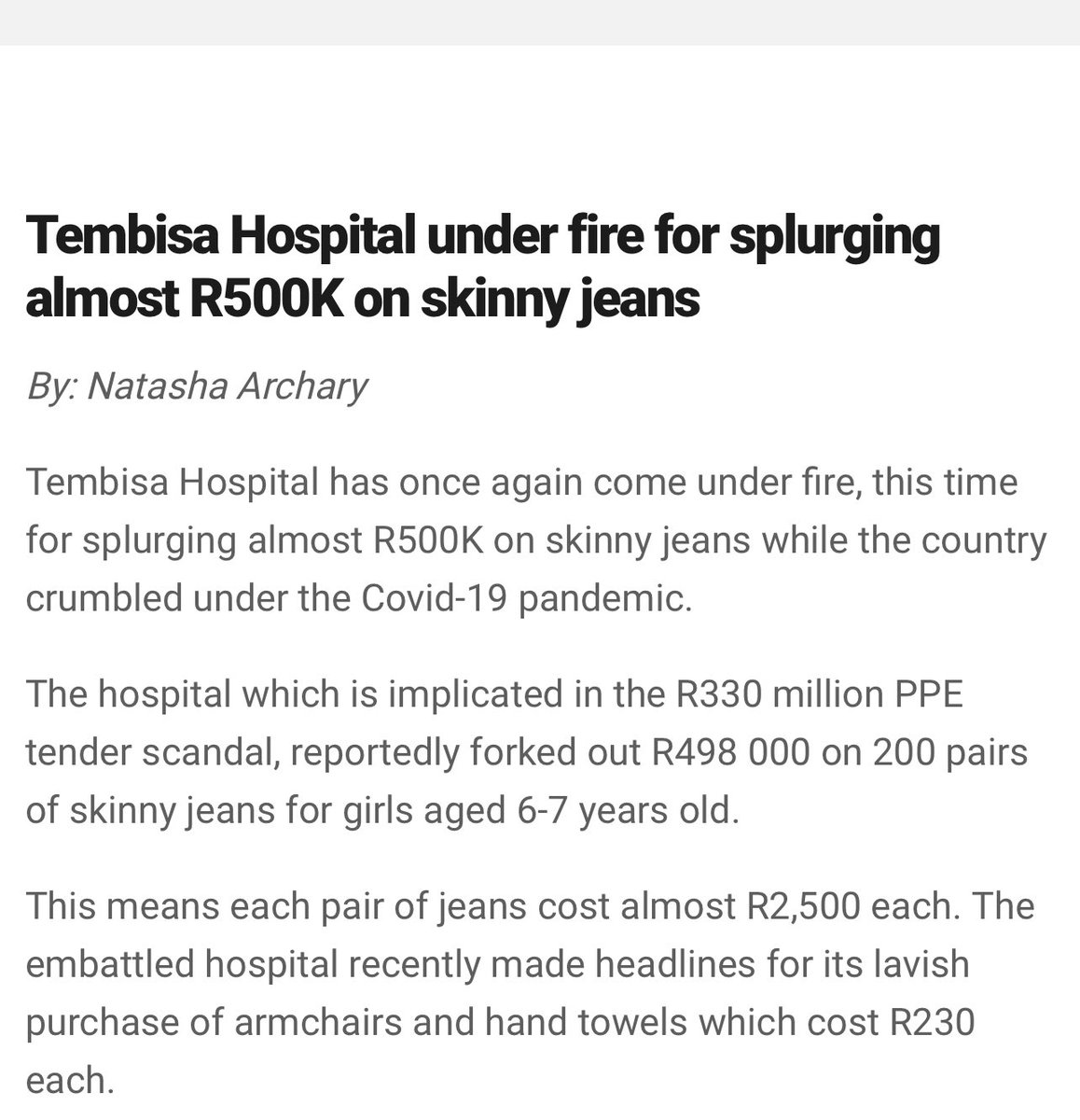 The very hospital was in the news for spending R500k on skinny jeans while patients starved to death