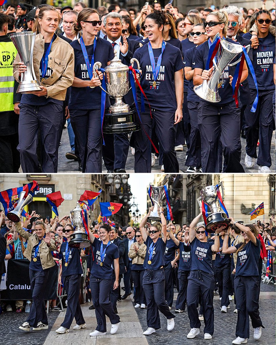 Barcelona Femení parade around the streets with their 𝗾𝘂𝗮𝗱𝗿𝘂𝗽𝗹𝗲 of trophies 😍🏆