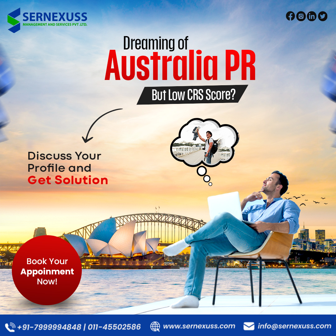 Fulfill your dream of living in Australia with PR, even if you have a low CRS score. Get in touch with Sernexuss to know. Apply Now;- shorturl.at/RpUyY #austaliaprvisa #prvisa #CRSscore #sernexuss #immigartetoaustralia