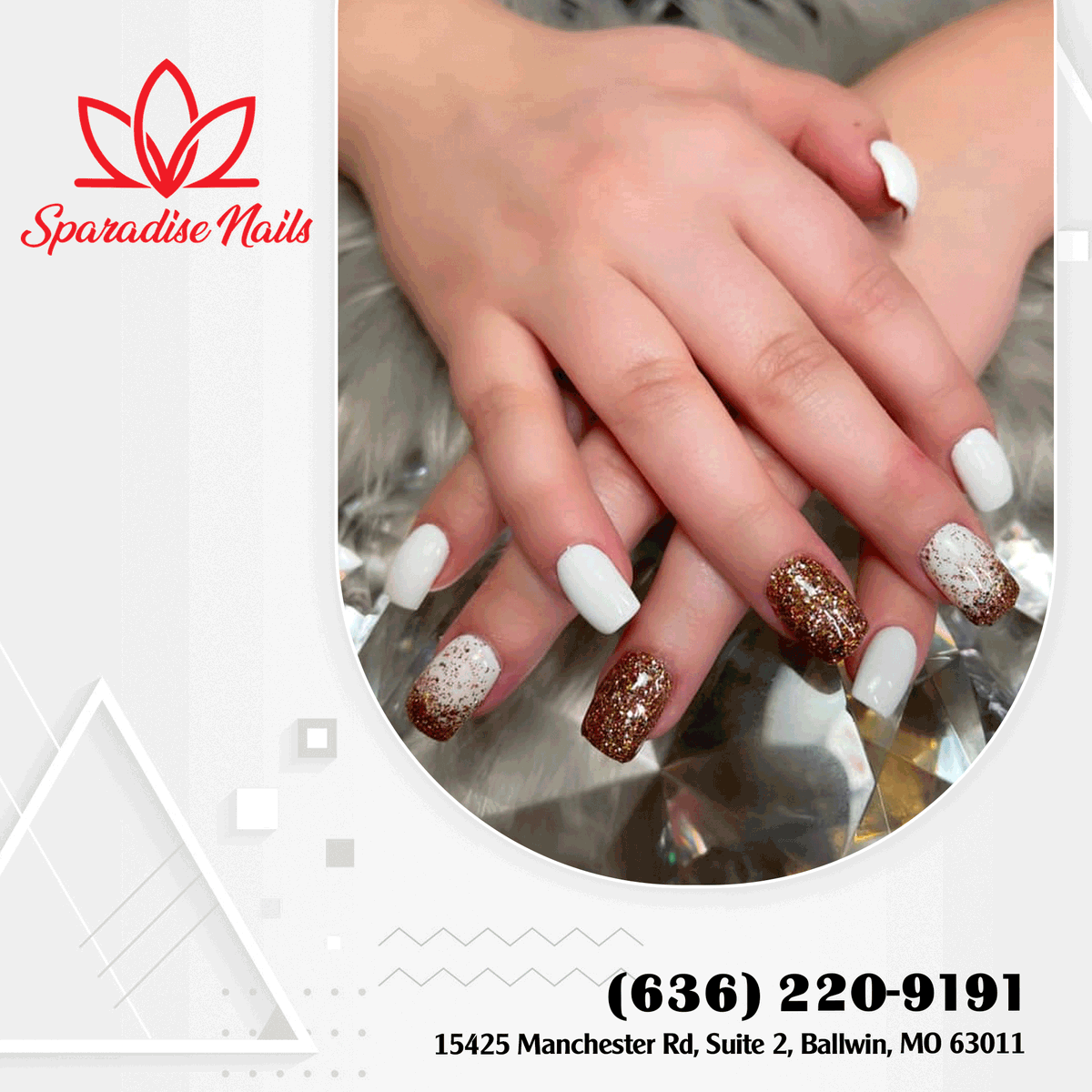 Gold glitter for some glam and white for a fresh start! These nails are ready for anything.🤎✨
*Booking Online: lk.macmarketing.us/SparadiseNails…

#sparadisenails #nailsalon #nails #nailart #nailsalonballwin #naildesign #spa