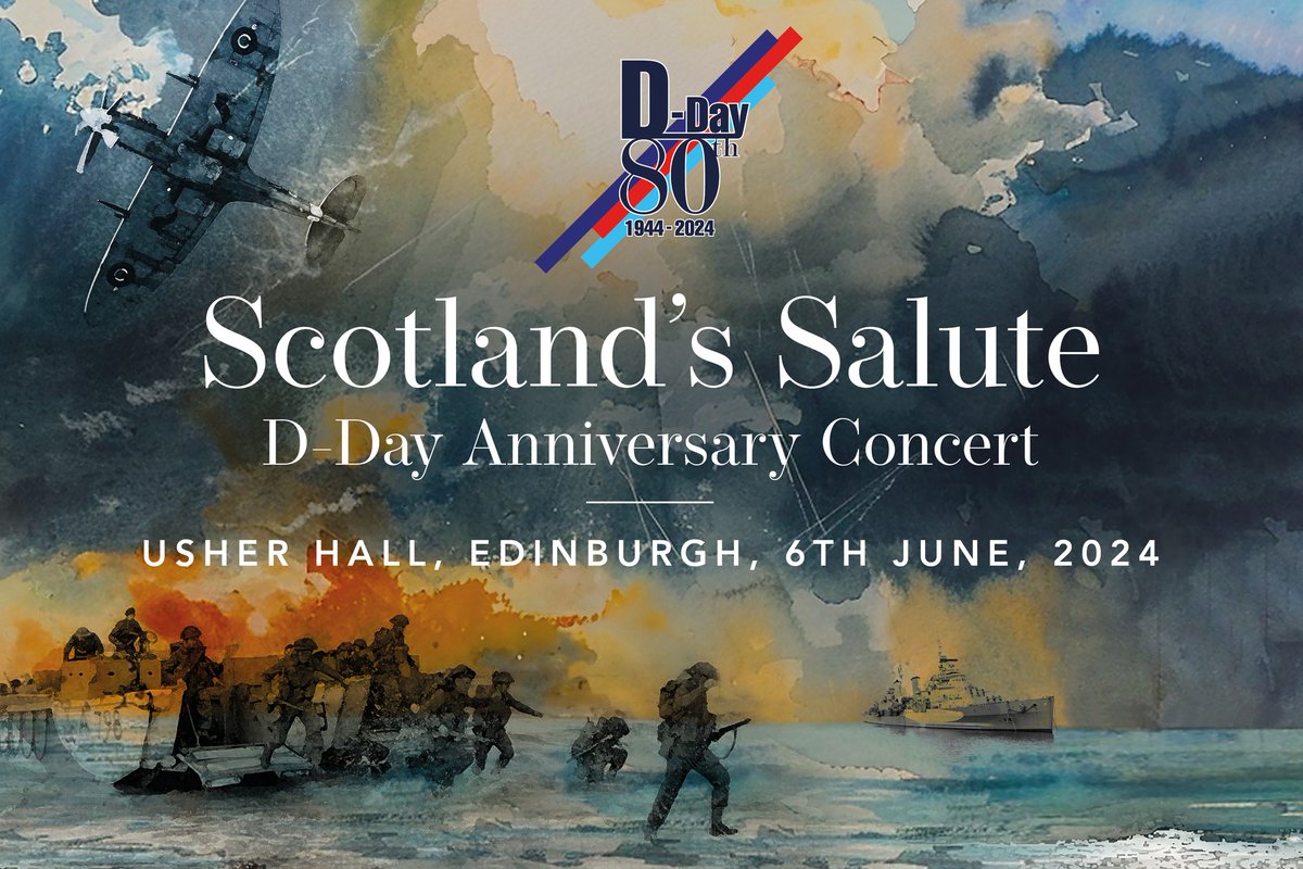 Celebrate the D-Day heroes on June 6th, 2024, at Scotland's Salute, a national event in partnership with @royalbritishlegionscotland. Enjoy performances by the Royal Marines Band @rmbandservice and the @militarywiveschoirs Tickets : usherhall.co.uk/whats-on/scotl…