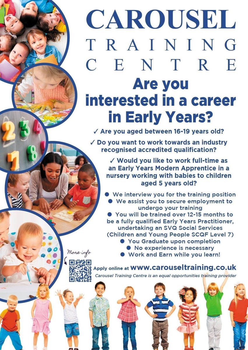 Kickstart your career in Early Years with Carousel Training Centre! 🌟 Recruiting Modern Apprentices (16-19) in Glasgow, Dunbartonshire, & Renfrewshire Gain valuable experience and qualifications! Apply now ➡️ buff.ly/3yuGtSd 🌟