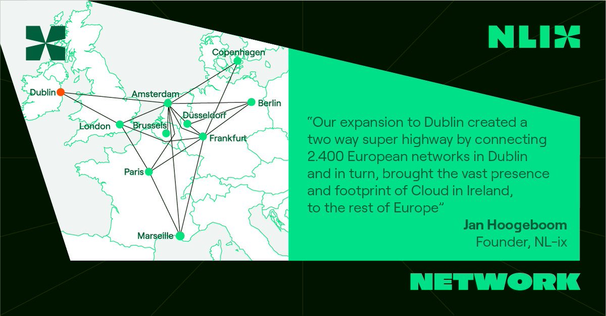 NL-ix has now extended its network to Dublin and established PoPs in Dublin's two most important DC's. 🎉 Dublin will be directly connected to our big Internet hubs, opening up a direct path to hundreds of networks all over Europe. 🔗 #nlix #betheinternet #internethubs #networks