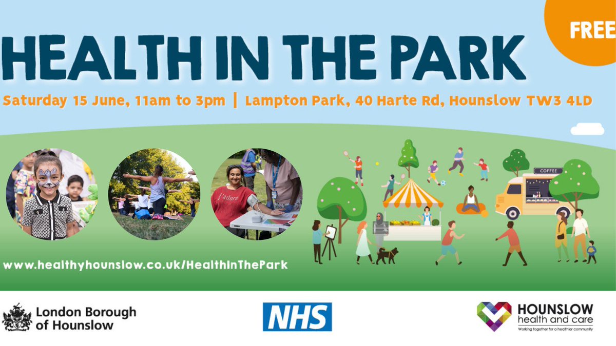Health in The Park. FREE activities throughout the day for all ages, including. Yoga, Tai Chi, kids’ activities, tennis, dancing, football and much more! You will also be able to chat with health professionals and support services. Full details at - healthyhounslow.co.uk/campaigns/heal…
