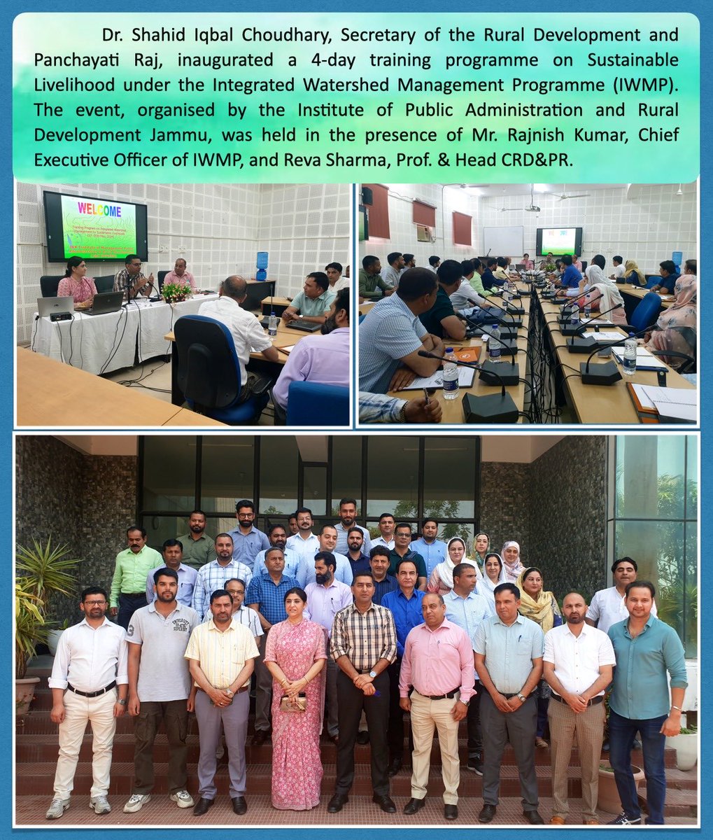 Dr. Shahid Iqbal Choudhary, Secy. #RDPR inaugurated a 4-day training on #SustainableLivelihood under #IWMP ,organized by #IMPARD #Jammu. #CEOIWMP Mr. Rajnish Kumar & Prof. Reva Sharma were present. Project Managers #BDOs & #DLTEs participated ⁦⁦@mopr_goi @listenshahid @ANI
