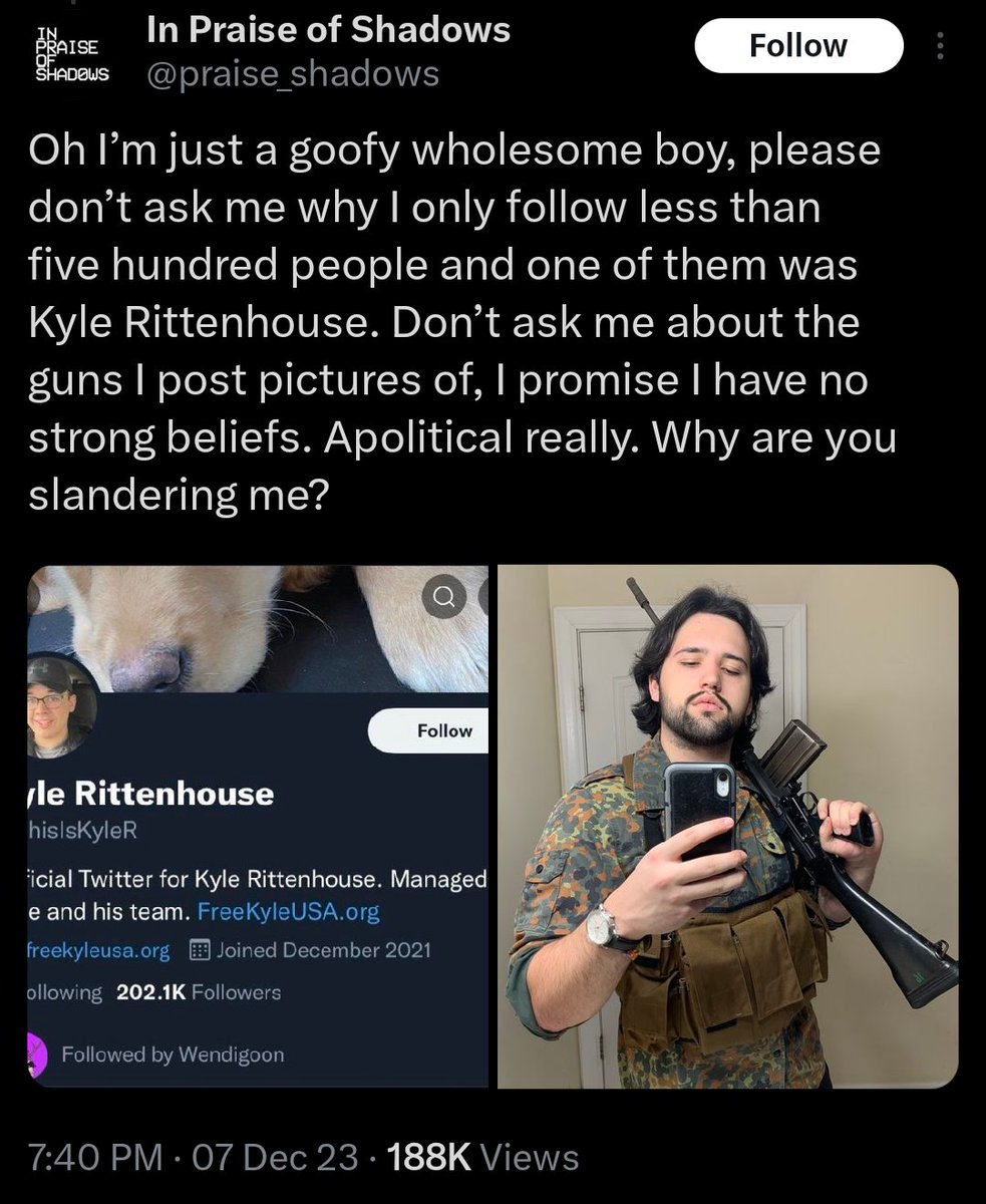 BTW, this isn't the first time he slandered Wendigoon. He tried it again last December, where his proof was that once upon a time Wendi followed Kyle R and that he... *Checks notes*

Likes guns. 
I have never seen a clearer and more pathetic example of hostile jealousy in my life