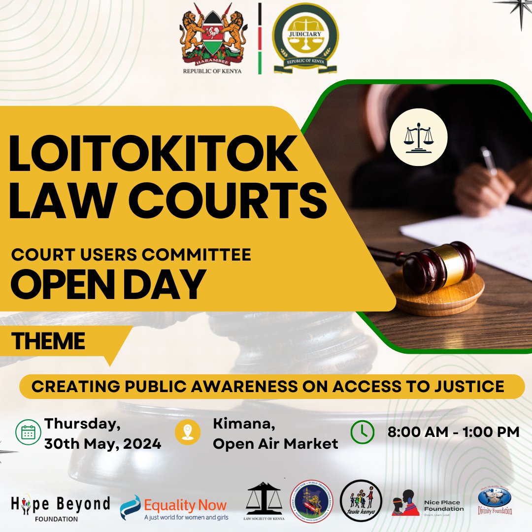 The Loitokitok CUC, @HopeBeyondKenya & @equalitynow  will be creating awareness on access to justice, with a focus on addressing gender-based violence this Thursday, 30th May at Kimana! 
 Don't miss this chance to engage directly with key stakeholders. #AccessToJustice #EndGBV