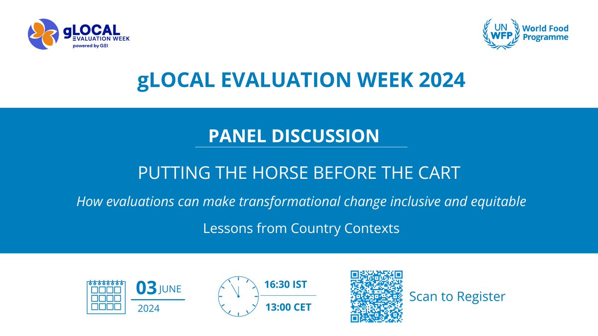 World Food Programme in India (@unwfp_india) on Twitter photo As part of #gLOCAL2024 <a href="/GEI_GlobalEval/">Global Evaluation Initiative</a>, <a href="/UNWFP_India/">World Food Programme in India</a> will organise an online panel discussion on- How evaluations can make transformational change inclusive & equitable: Lessons from country contexts.
Register➡️shorturl.at/ETA9q
<a href="/WFP/">World Food Programme</a>
<a href="/WFP_Evaluation/">WFP Evaluation</a>
<a href="/WFPAsiaPacific/">WFP Asia Pacific</a> As part of #gLOCAL2024 <a href="/GEI_GlobalEval/">Global Evaluation Initiative</a>, <a href="/UNWFP_India/">World Food Programme in India</a> will organise an online panel discussion on- How evaluations can make transformational change inclusive & equitable: Lessons from country contexts.
Register➡️shorturl.at/ETA9q
<a href="/WFP/">World Food Programme</a>
<a href="/WFP_Evaluation/">WFP Evaluation</a>
<a href="/WFPAsiaPacific/">WFP Asia Pacific</a>