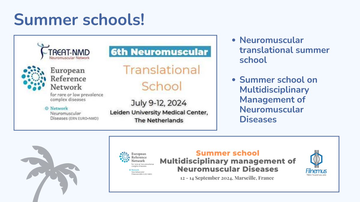 ☀ @euro_nmd is excited to announce not just one, but two summer schools tailored for professionals in the field of neuromuscular diseases:

ern-euro-nmd.eu/6th-neuromuscu… 🗓️9 – 12 July 2024

ern-euro-nmd.eu/summer-school-… 🗓️12 – 14 September 2024

@EU_Health @EU_HaDEA #Summer