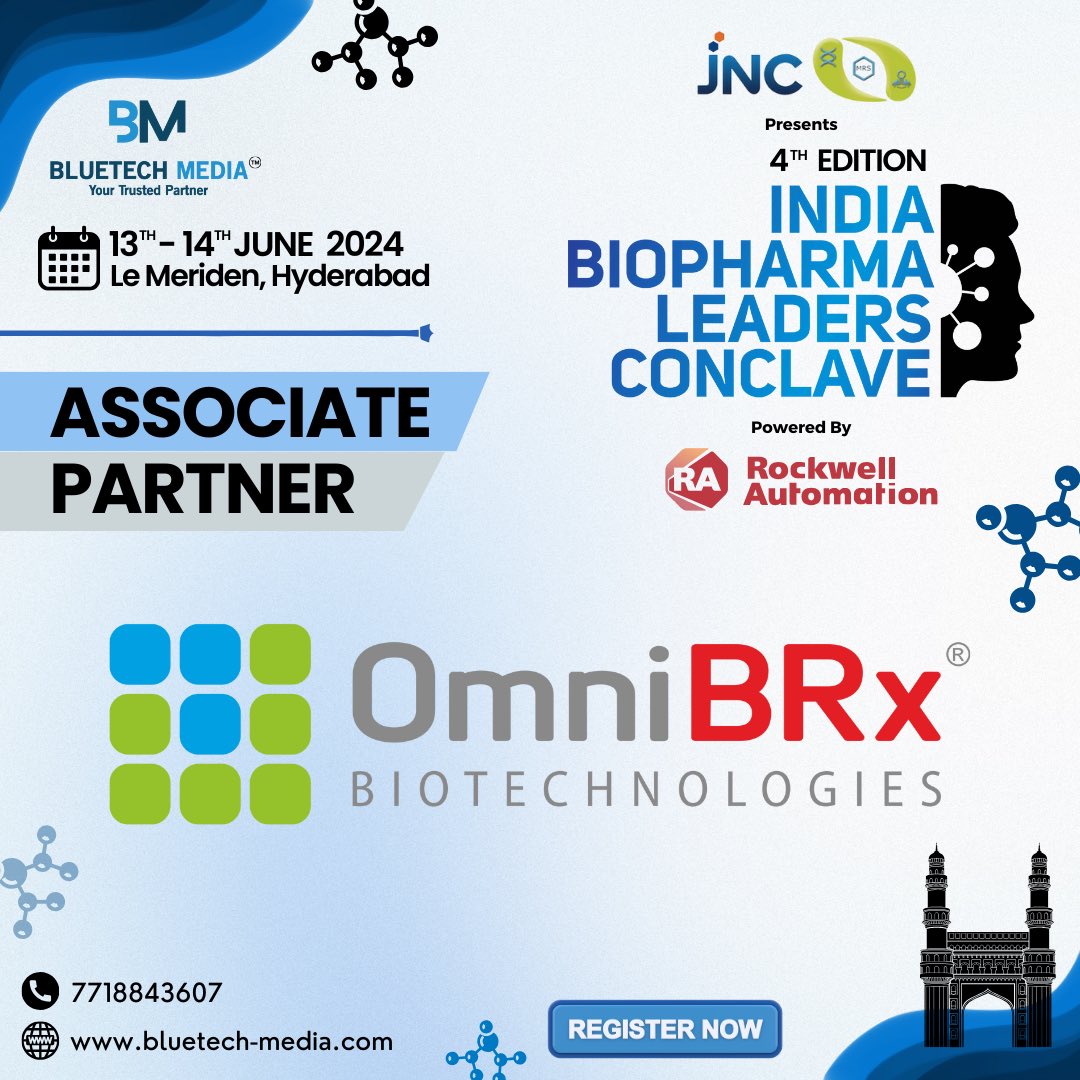 We're thrilled to announce OmniBRx Biotechnologies Pvt Ltd as our Associate Partner for the 4th Edition of the India Biopharma Leaders Conclave, proudly presented by M R Sanghavi & Co., powered by Rockwell Automation, and hosted by BlueTech Media™. Click lnkd.in/d2T9iruW