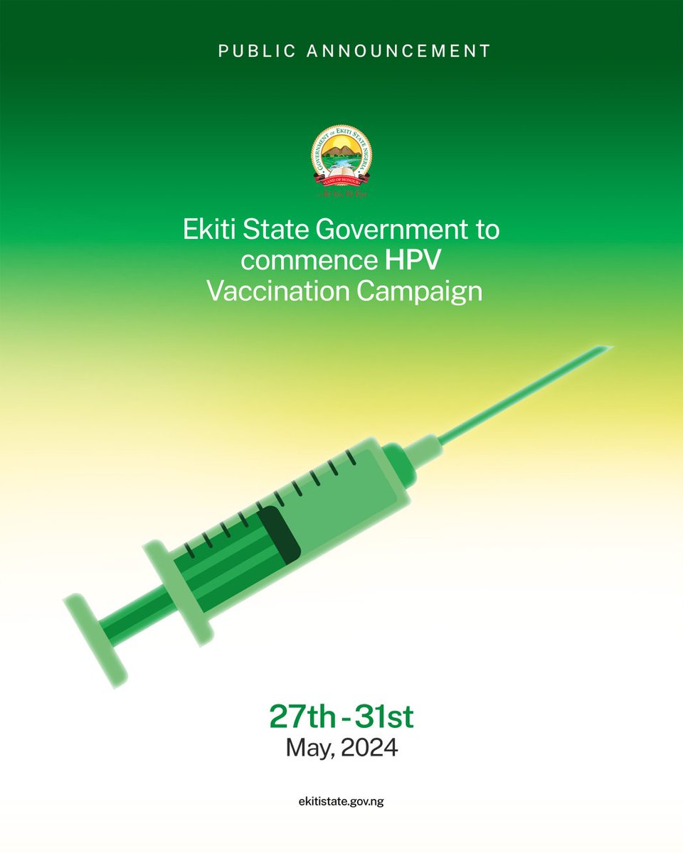 Starting from today, Monday 27th May, 2024, Ekiti State will commence the vaccination of young females between ages 9 - 14 against the Human Papilloma Virus (HPV). The Director General of the Ekiti State Primary Health Care Development Agency, Dr. Gilbert Seluwa made this