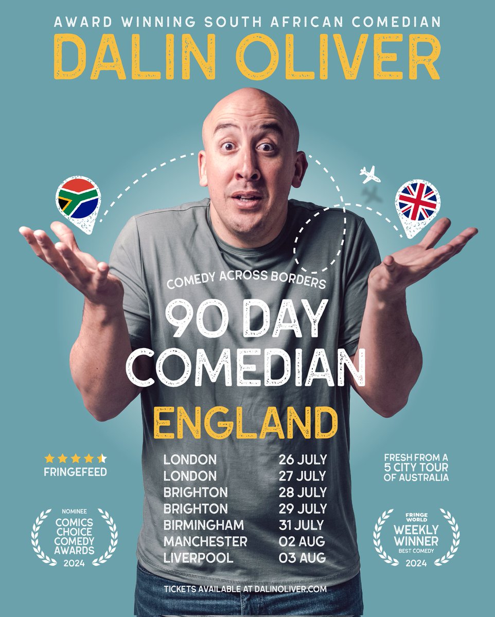 🇿🇦 HELLO ENGLAND 🏴󠁧󠁢󠁥󠁮󠁧󠁿󐁥󐁮󐁧󐁿 It's my first time performing in the UK. A dream come true & a whole 5 city tour with my international award winning show 90 Day Comedian. Start telling your friends & family that one of the homies from SA is coming. Awê 🫶🏼 dalinoliver.com