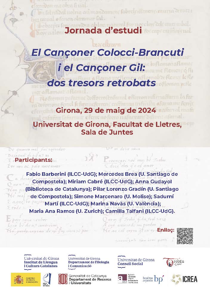 ILCC_UdG (@ilccudg) on Twitter photo 📢 #ActivitatsILCC: El dia 29 de maig se celebrarà la jornada d'estudi «El Cançoner Colocci-Brancuti i el Cançoner Gil: dos tresors retrobats».
📅 29.05.2024
⏱️ 9.30-18.00 h
📍 Sala de Juntes, <a href="/UdGLletres/">Facultat de Lletres UdG</a>
🔗 tuit.cat/bLmsO 📢 #ActivitatsILCC: El dia 29 de maig se celebrarà la jornada d'estudi «El Cançoner Colocci-Brancuti i el Cançoner Gil: dos tresors retrobats».
📅 29.05.2024
⏱️ 9.30-18.00 h
📍 Sala de Juntes, <a href="/UdGLletres/">Facultat de Lletres UdG</a>
🔗 tuit.cat/bLmsO