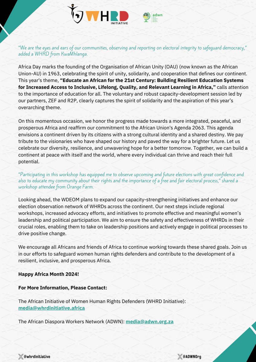 African Initiative of Women Human Rights Defenders (@whrdinitiative) on Twitter photo Public Statement on the Occasion of Africa Day 2024 by the African Initiative of Women Human Rights Defenders (<a href="/whrdinitiative/">African Initiative of Women Human Rights Defenders</a> ) and the African Diaspora Workers Network (<a href="/ADWNOrg/">ADWN Organisation</a> )
On May 25, 2024, the African Initiative of Women Human Rights Defenders (WHRD Initiative), in Public Statement on the Occasion of Africa Day 2024 by the African Initiative of Women Human Rights Defenders (<a href="/whrdinitiative/">African Initiative of Women Human Rights Defenders</a> ) and the African Diaspora Workers Network (<a href="/ADWNOrg/">ADWN Organisation</a> )
On May 25, 2024, the African Initiative of Women Human Rights Defenders (WHRD Initiative), in