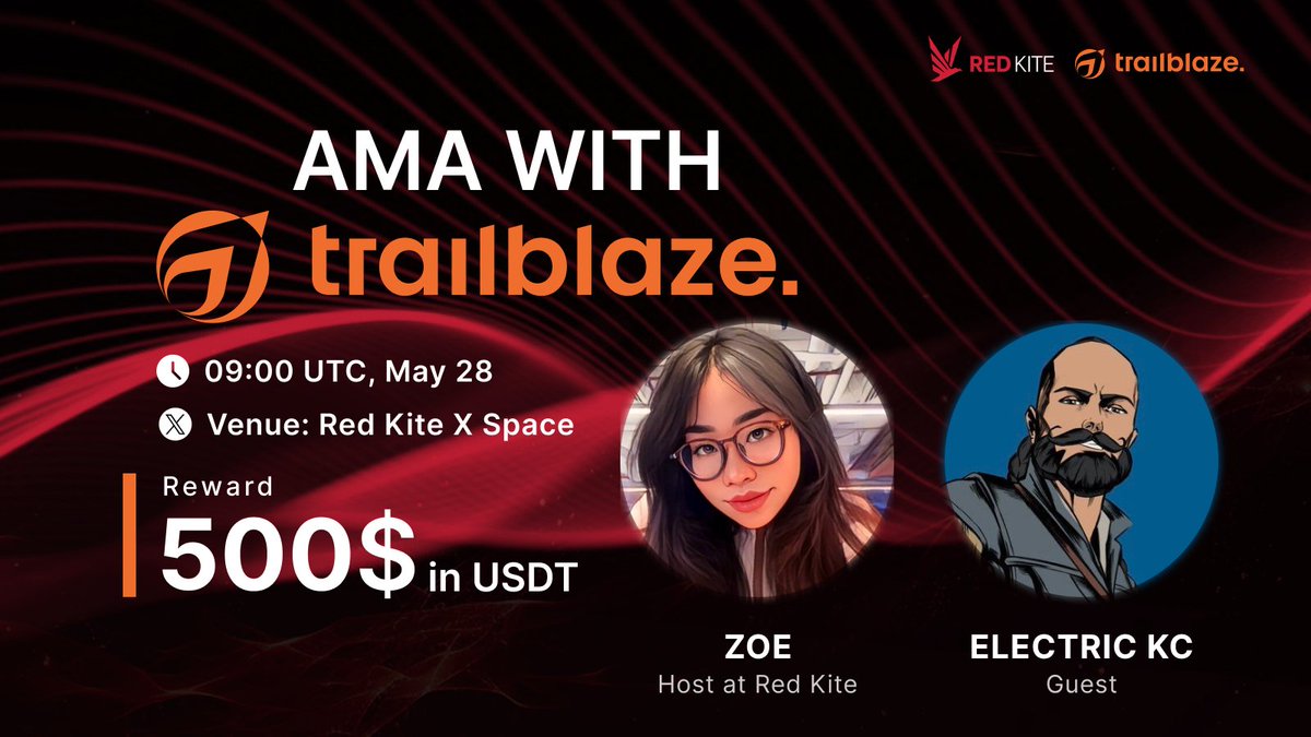 🚀AMA Announcement: Red Kite x Trailblaze🚀 Join us for an exciting AMA session with @Trailblazexyz 👨‍💼Guest: Electric KC 🗓️Date & Time: 09:00 UTC, May 28 💰Rewards: $500 in USDT 📍Venue: x.com/i/spaces/1voxw… Rules📚 1. Comment 3 questions on this post 2. Comment 2 questions