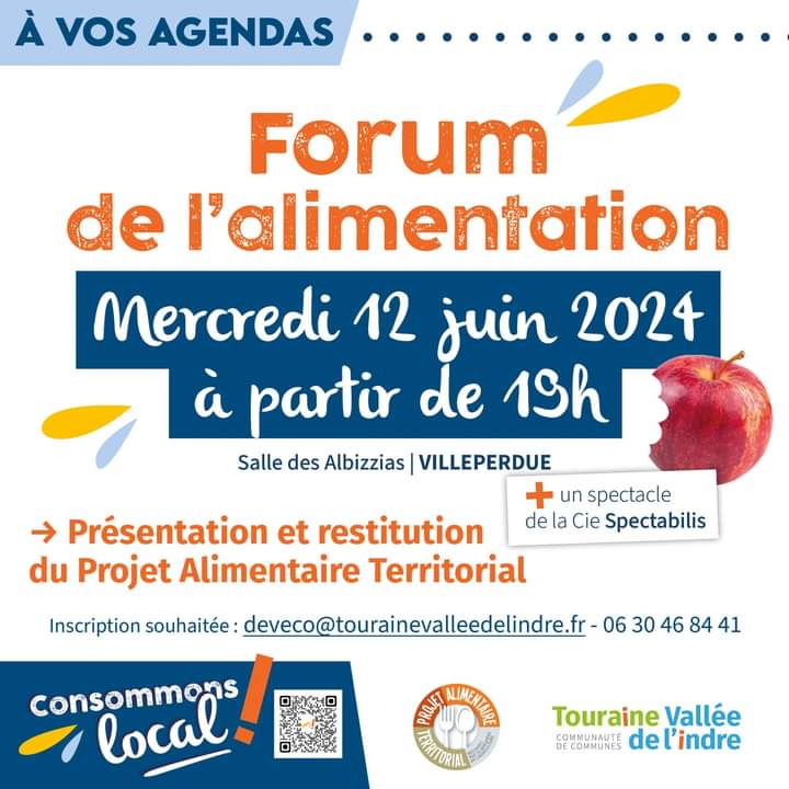 Mercredi 12 juin, Touraine Vallée de l'Indre vous propose un forum de l'alimentation à Villeperdue. 
🍏Un événement convivial pour échanger sur les enjeux de l'alimentation et découvrir le Projet d'Alimentation Territorial de la Communauté de communes.
#cctvi #forumalimentation