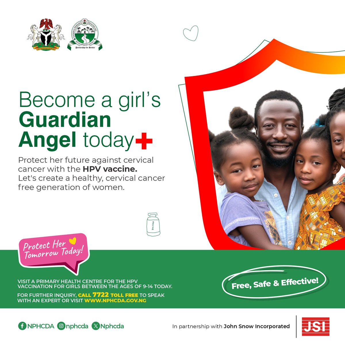 As we celebrate the boundless dreams of children everywhere today, let's also secure their future by ensuring girls aged 9-14 receive the HPV vaccination! #HPVvaccineNG #StopHPV #Girls9to14 #NoToHPV #NPHCDA #Nigeria #JSI