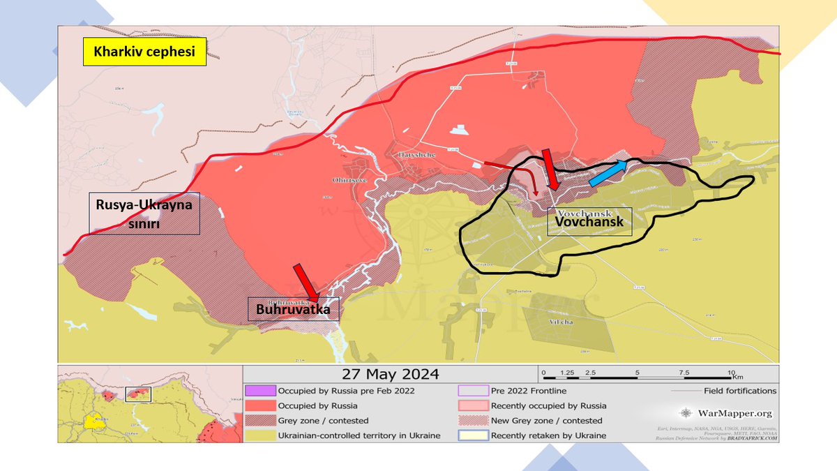 Burası Kharkiv cephesi..
Ruslar yaklaşık 40 gündür saldırıyor..
10 km derinliğe ulaşabilmiş değil..
Saldırılar Vovchansk kasabasını ele geçirmeye odaklı..
Ukrayna ordusu karşı saldırı ile bu cepheyi rahatlattı (mavi ok)
Batı lojistik akışı sürdürdüğü müddetçe sorun yok..