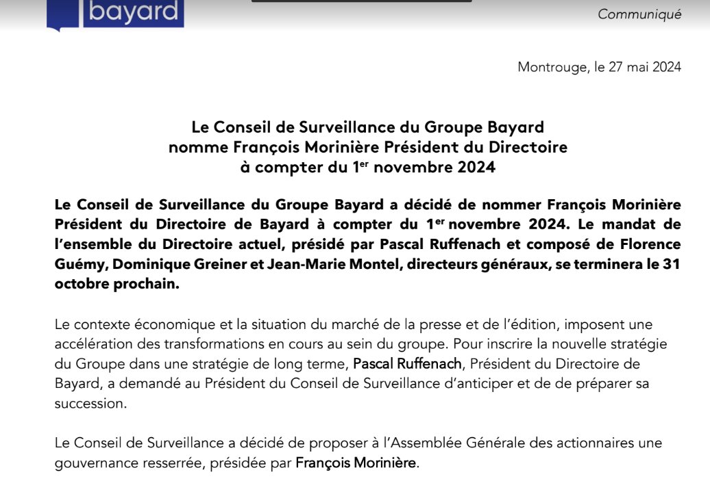 Mercato du côté du groupe de presse Bayard, éditeur du quotidien 'La Croix' : François Morinière, ex-directeur de 'L’Equipe', prendra la suite de Pascal Ruffenach à compter du 1er novembre (communiqué)