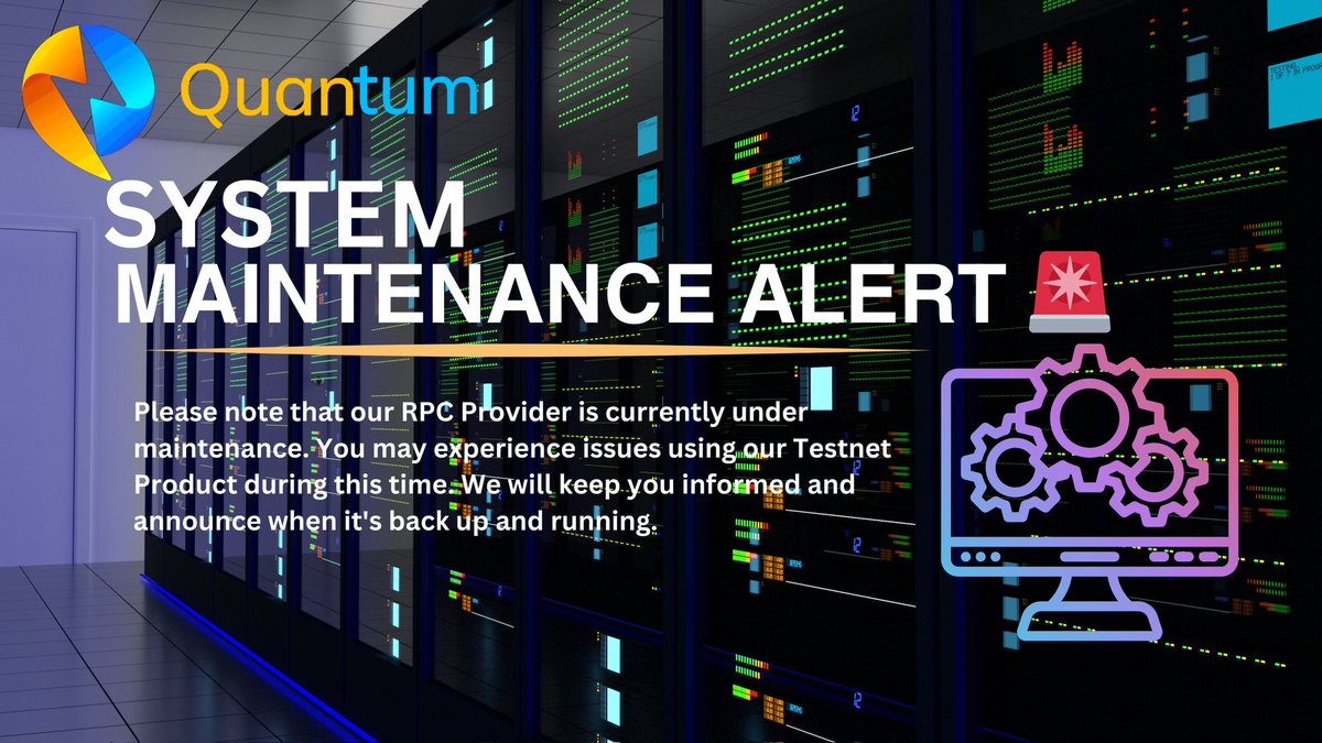 Attention #Quantumverse 🚨

@QuantumFi_ RPC Provider is currently under maintenance. Users may experience issues with our Testnet Product. We'll keep you posted on its status. Stay tuned for updates, fam! 🙏

 #QuantumFi #MaintenanceUpdate