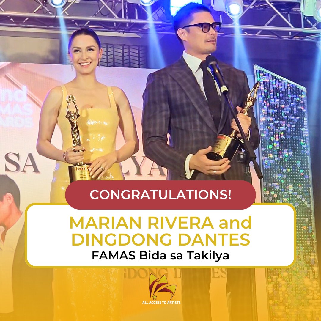 Congratulations to the FAMAS Bida sa Takilya awardees Marian Rivera and Dingdong Dantes! #FAMASAwards #72ndFAMASAwards #MarianRivera #AllAccessToArtists #fAAAmily