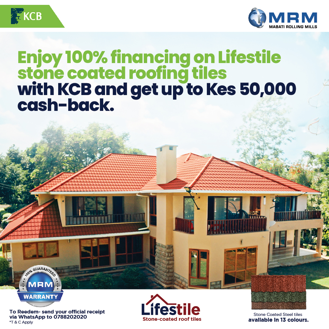 Getting your dream home just got easier and better! @kcbgroup is offering 100% financing on Lifestile stone-coated roofing tiles which gets you closer to getting up to Kes 50,000 cashback from MRM. For more information, call 0788202020. T&Cs Apply. #MRM #Lifestile #SignatureHome