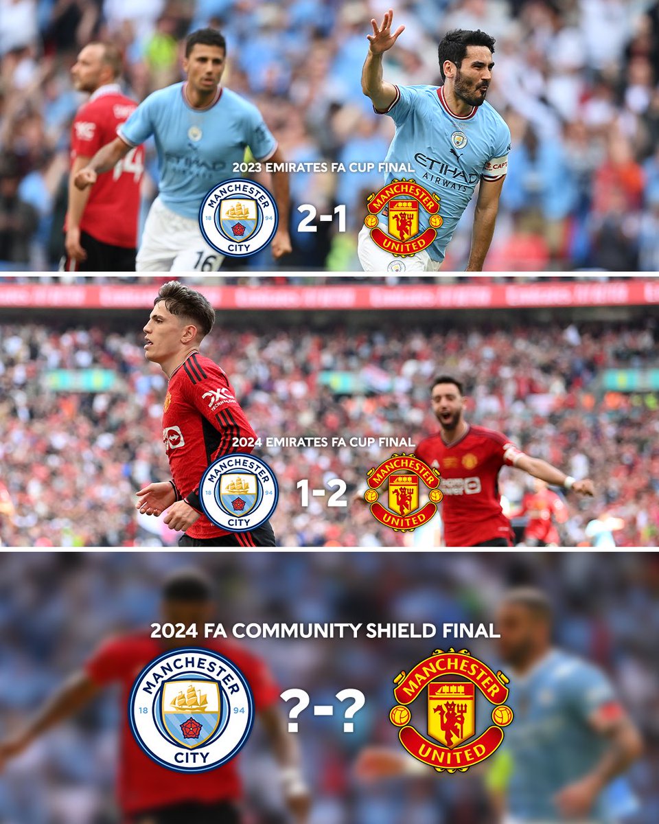 THE TRILOGY 👀

After @ManUtd’s 2024 #EmiratesFACup Final victory over @ManCity, the two sides will run it back for a third time in the 2024 #FACommunityShield Final 🤩