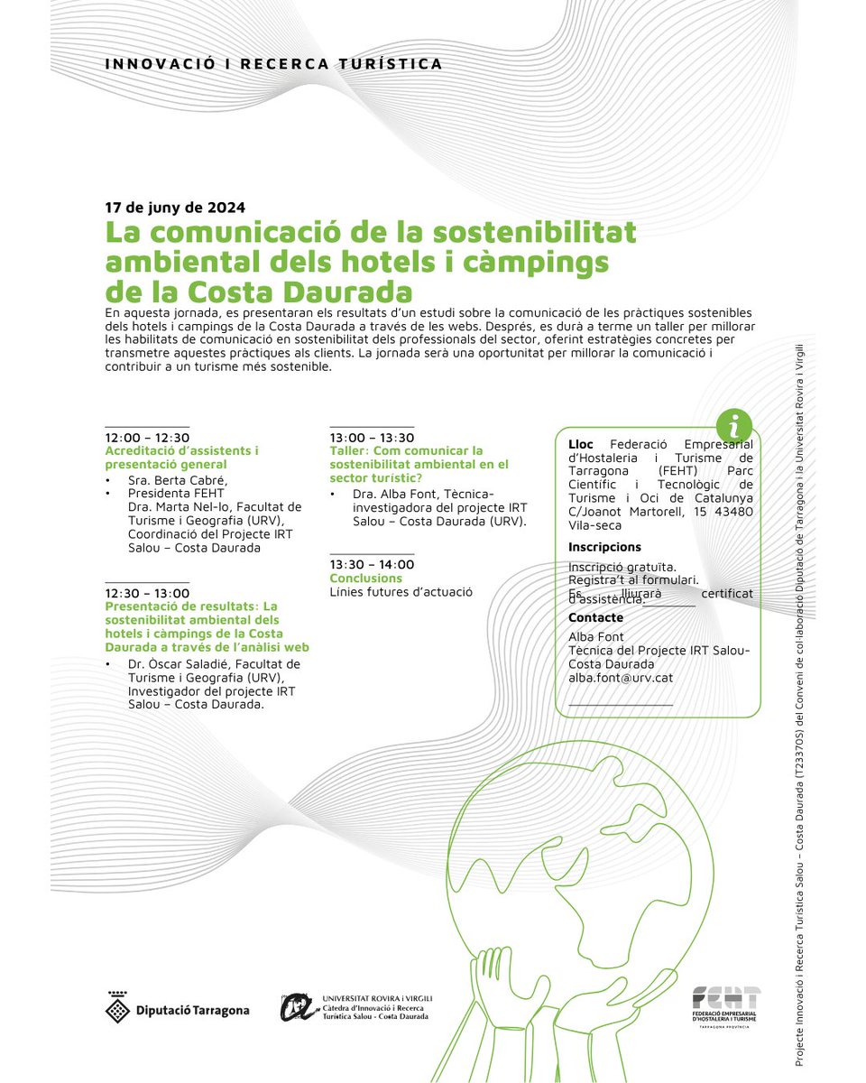 ftgURV's tweet photo. 🗓️A la jornada del dilluns 17 de juny es presentaran els resultats d'un estudi sobre la comunicació de les pràctiques sostenibles dels hotels i càmpings de la Costa Daurada a través de les webs. https://t.co/DzDgyuHK6q