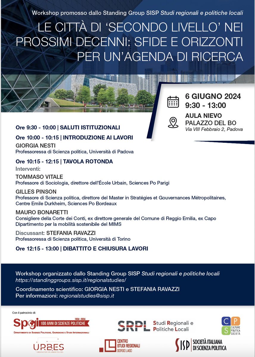 🚨 Tavola rotonda il 6 giugno presso <a href="/UniPadova/">Università di Padova</a> con <a href="/VitaleTommaso/">Tommaso Vitale</a> Gilles Pinson, Mauro Bonaretti, Stefania Ravazzi e i membri dello <a href="/SG_SRPL/">SISP SG Studi Regionali e Politiche Locali</a>  della <a href="/sisp__/">Società Italiana di Scienza Politica</a>  per discutere delle sfide che interesseranno le città nei prossimi decenni