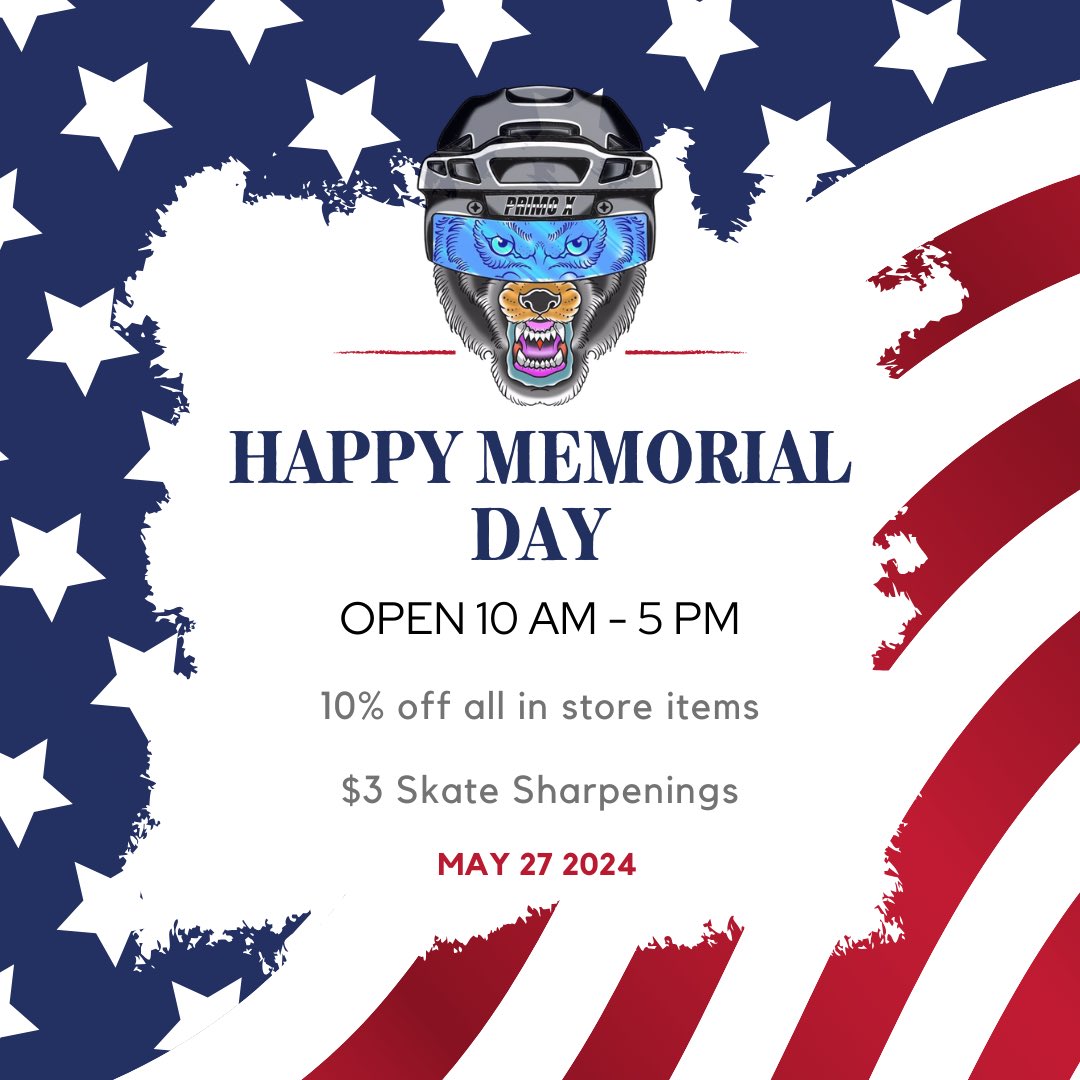 Happy Memorial Day from us at Primo X Hockey! Remembering the lives lost today. To all who served, thank you! 

We are open normal hours today, stop by and see us!