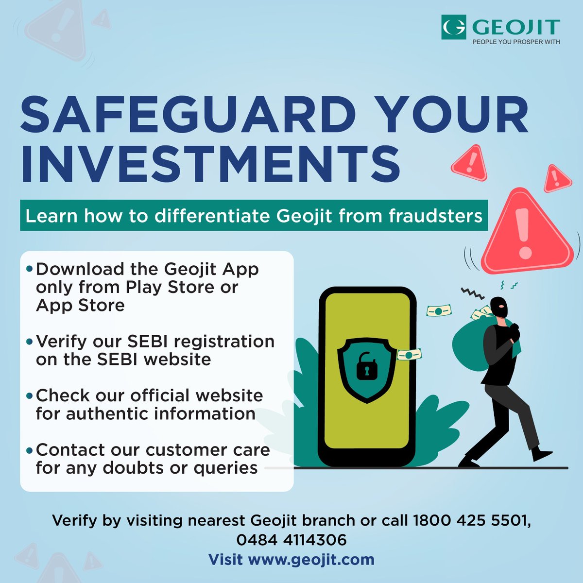 Fraudsters are misusing Geojit/GFSL's name with fake investment schemes. We've reported this to authorities. Avoid these scams. 

For authentic info, visit geojit.com or contact customercare@geojit.com.

#investingscam #financialscam #fraudalert #fraud #geojit