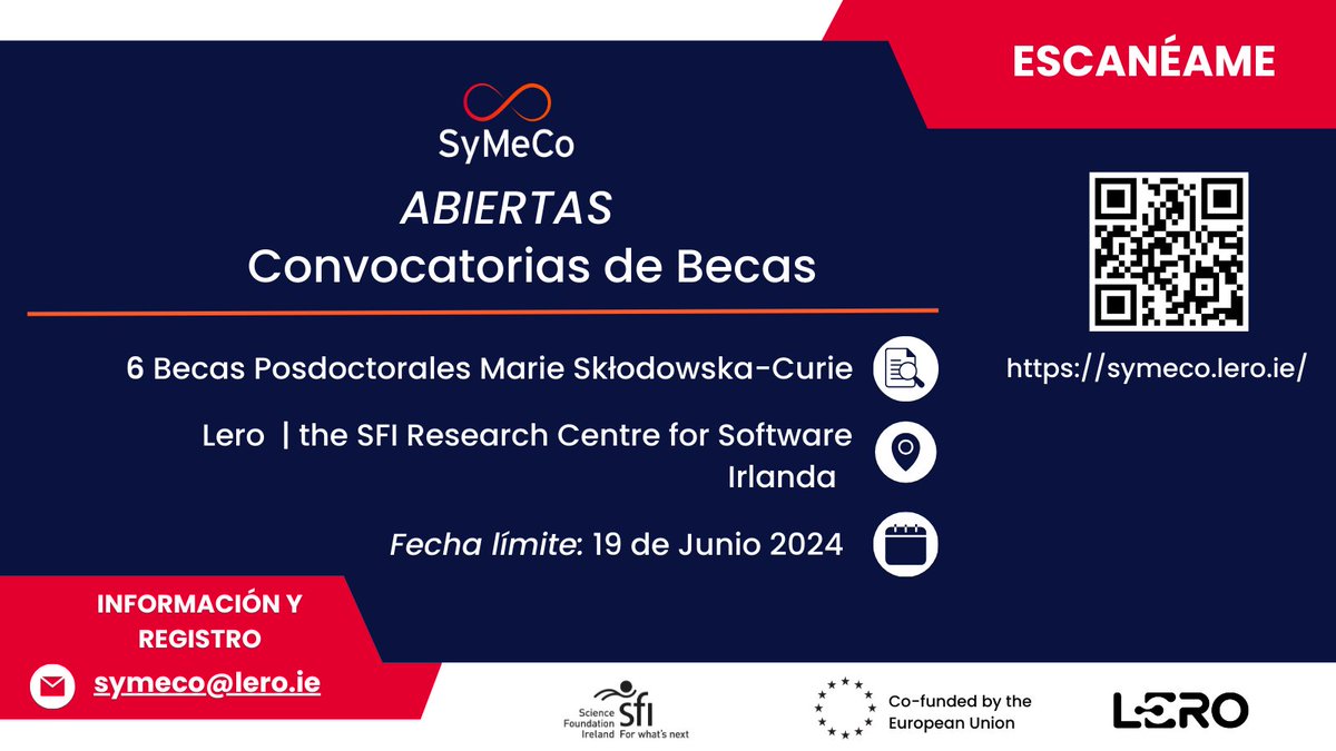 SyMeCo Fellowships (@symecocofund) on Twitter photo ¿Interesado en un post doctorado <a href="/MSCActions/">Marie Skłodowska-Curie Actions</a> ? ✅<a href="/LeroCentre/">Lero</a> Irlanda
✅Áreas de investigación: symeco.lero.ie/research-theme…
✅Página oficial: symeco.lero.ie
<a href="/LatinasinSTEM/">Latinas in STEM</a>
<a href="/EuraxessLAC/">Euraxess LAC</a> <a href="/EuraxessUDC/">EURAXESS UDC</a> <a href="/MCAA_Argentina/">MSCA-Argentina</a> <a href="/MCAA_Chile/">Chile Chapter MCAA</a> <a href="/mcaa_mexico/">MCAA Mexico Chapter</a> <a href="/EuresSpain/">EURES España</a> ¿Interesado en un post doctorado <a href="/MSCActions/">Marie Skłodowska-Curie Actions</a> ? ✅<a href="/LeroCentre/">Lero</a> Irlanda
✅Áreas de investigación: symeco.lero.ie/research-theme…
✅Página oficial: symeco.lero.ie
<a href="/LatinasinSTEM/">Latinas in STEM</a>
<a href="/EuraxessLAC/">Euraxess LAC</a> <a href="/EuraxessUDC/">EURAXESS UDC</a> <a href="/MCAA_Argentina/">MSCA-Argentina</a> <a href="/MCAA_Chile/">Chile Chapter MCAA</a> <a href="/mcaa_mexico/">MCAA Mexico Chapter</a> <a href="/EuresSpain/">EURES España</a>