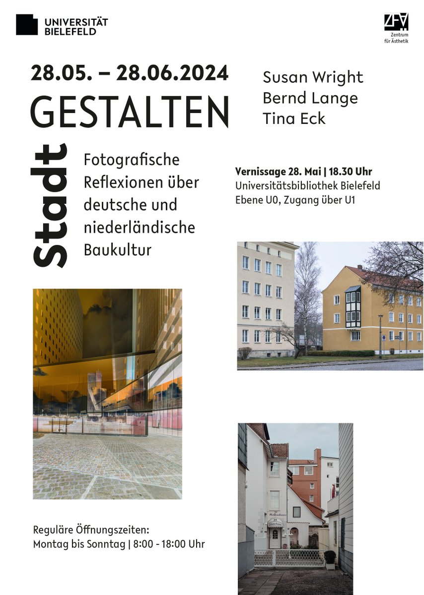 Vom 28.05. bis 28.06. ist in U0 die Fotoausstellung StadtGestalten zu sehen! Bernd Lange, Tina Eck &amp; Susan Wright präsentieren eine Sammlung von 30 Fotos, welche die Baukultur Deutschlands und der Niederlande in ihrer ganzen Vielfalt dokumentieren. Infos: blog.ub.uni-bielefeld.de/?p=13259