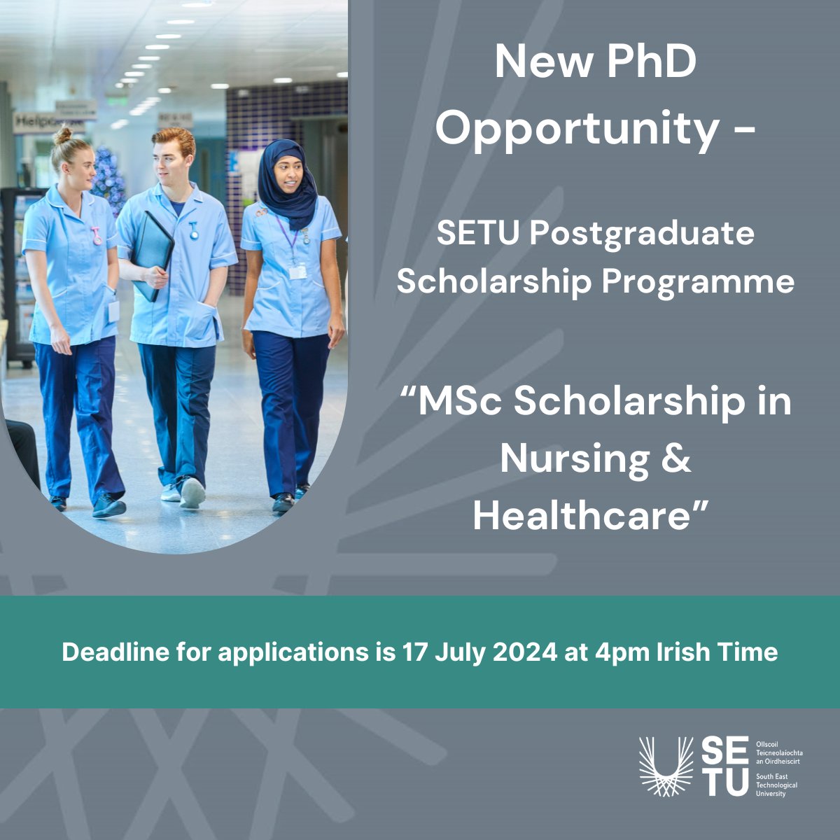 SETU_Research, Innovation and Impact (@setu_research) on Twitter photo NEW POSTGRADUATE SCHOLARSHIP OPPORTUNITY 
"MSc Scholarship in Nursing & Healthcare" 
Closing date for applications is 17 July 2024. 
For more information on this HSE-funded scholarship, please visit: bit.ly/3whbrNa
#SETU #SETUResearch #Postgraduate #Scholarship NEW POSTGRADUATE SCHOLARSHIP OPPORTUNITY 
"MSc Scholarship in Nursing & Healthcare" 
Closing date for applications is 17 July 2024. 
For more information on this HSE-funded scholarship, please visit: bit.ly/3whbrNa
#SETU #SETUResearch #Postgraduate #Scholarship