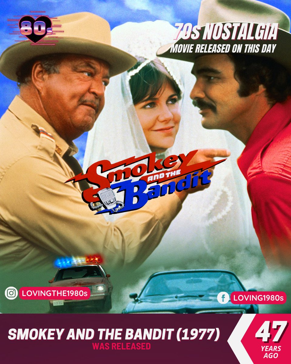 47 years ago today, Smokey and The Bandit (1977) was released!📷 #Lovingthe80s #80sNostalgia #SmokeyAndTheBandit #BurtReynolds #JerryReed #SallyField