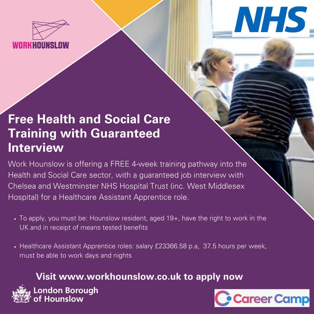 Work Hounslow and NHS Healthcare sector-based work academy are offering a FREE four-week training pathway for Hounslow residents to get into the Health and Social Care sector, with a guaranteed interview for an internship with West Middlesex Hospital 👉 bit.ly/3USe7ZL