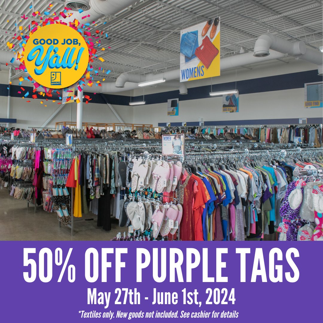 Get 50% off all purple-tagged items through June 1st! Find a store near you, visit goodwillnorthcentraltexas.org/find-a-store #thrift #GoodDeals #discounts #GoodwillWeek
